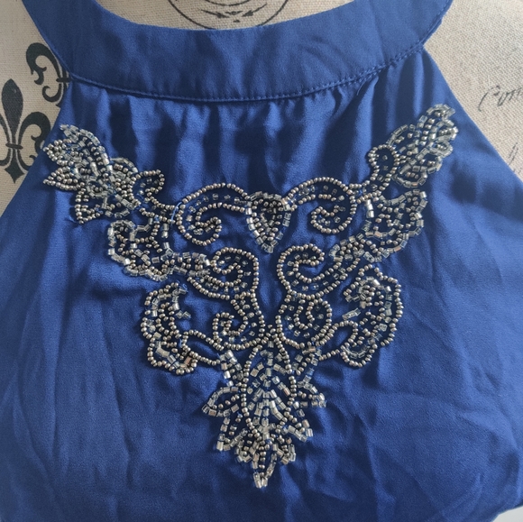 Navy blue bead embroidered cutout keyhole wedding guest semi-formal dress (S) - Picture 3 of 8
